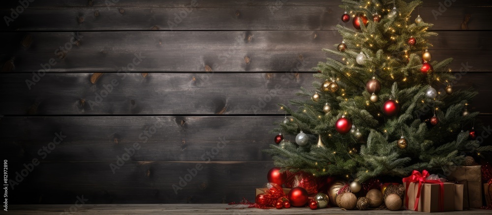 Poster a festive christmas fir tree adorned with decorations displayed on a rustic wooden board creating an