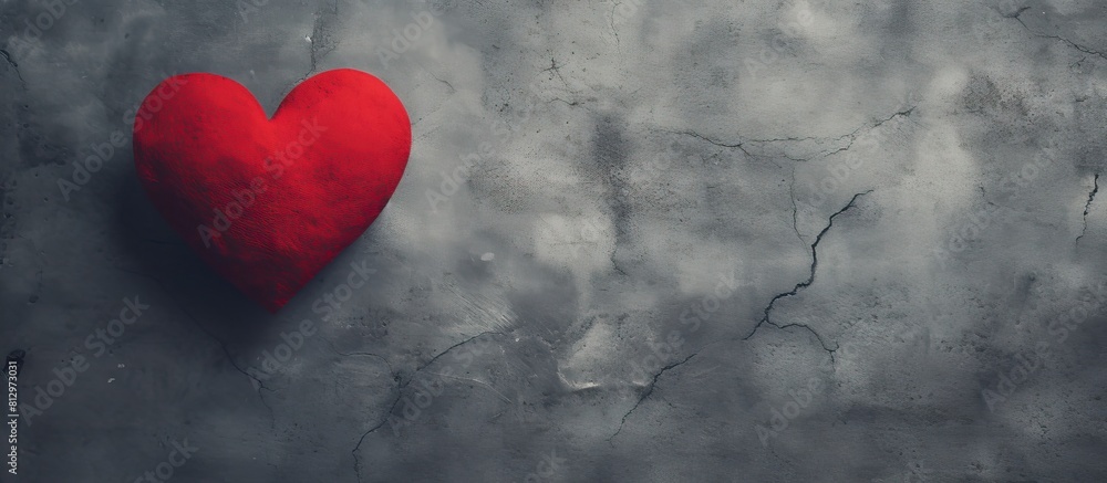 Poster the image depicts a red heart shape on a cement background with ample copy space surrounding it