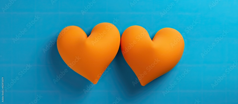 Poster two orange heart shapes are positioned close to each other against a vibrant blue background the ima