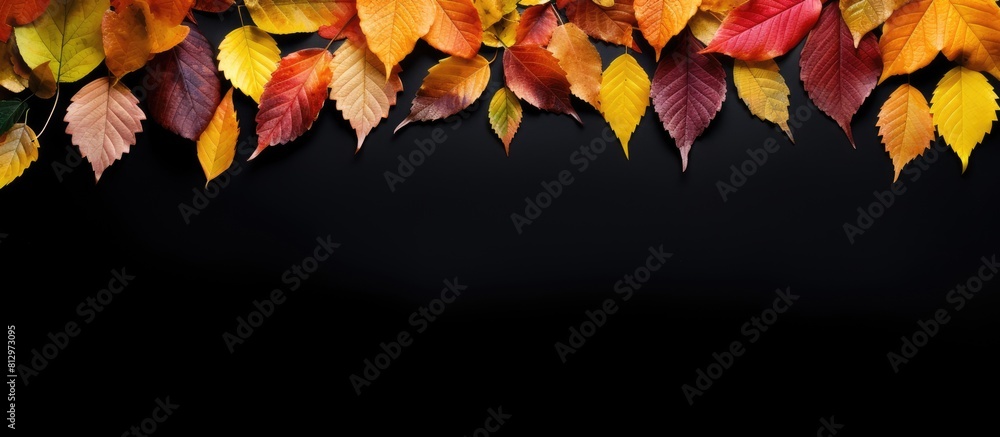 Poster autumn leaves arranged in a border frame on a black background providing ample copy space for creati