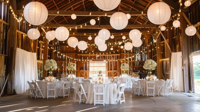 White Chinese paper lanterns hung in a barn as diy wedding reception decor.