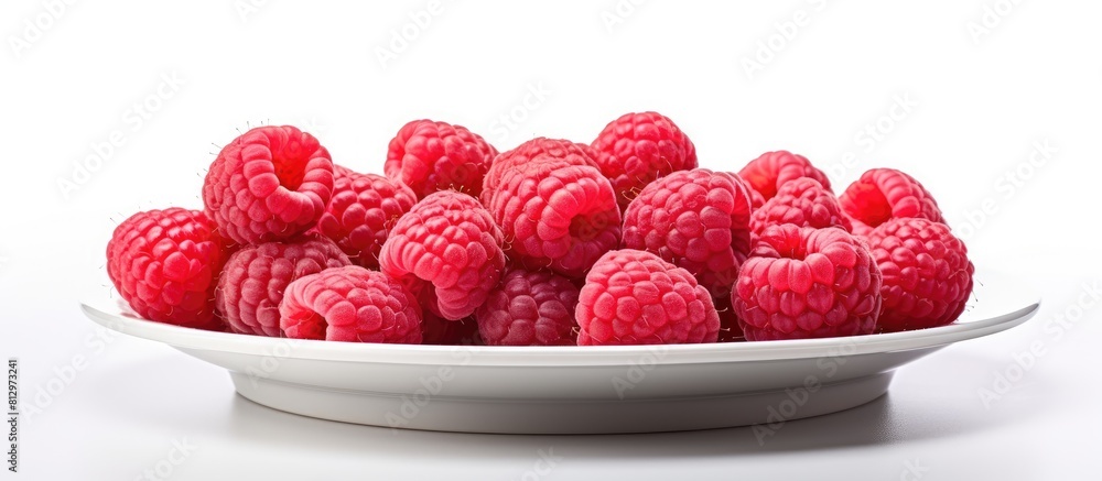 Poster a close up image of ripe raspberry berries arranged on a white plate creating a blank space for text