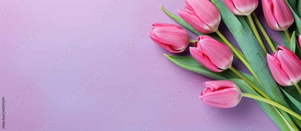 Poster a beautiful bouquet of pink tulips placed on a vibrant table background captured from a top view wit