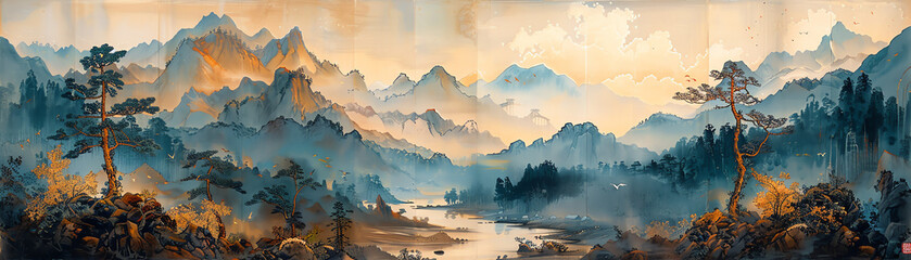 A beautiful landscape painting in the style of ChineseShan Shui Hua (shanshuihua)