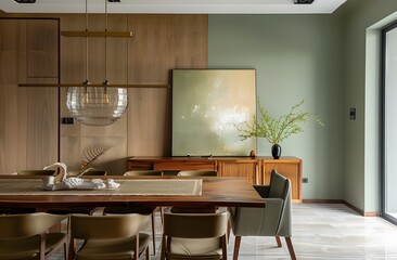 A large wooden dining table with chairs