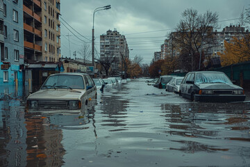 Flooded city street after heavy rainfall, abandoned cars and waterlogged buildings under dark storm clouds 