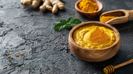 Homemade diy face mask made of turmeric, honey and yoghurt for uneven skin tone, brightening dark spots, reducing fine wrinkles lines for diy beauty
