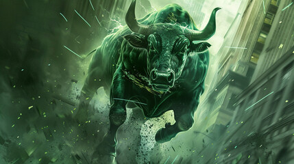 A strong and powerful bull is running through a green field, representing the strength and power of the stock market.