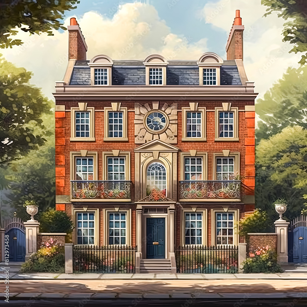 Poster a large brick building with a clock on the front. the building has a lot of windows and a balcony