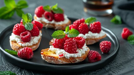 Crostini with raspberries and goat cheese, sprinkled with fresh raspberries. Sprinkled with honey and decorated with fresh mint leaves.