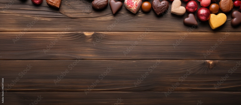 Poster top down view of a wooden table adorned with a beautiful assortment of heart shaped chocolate candie