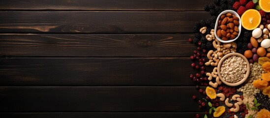 A copy space image featuring a backdrop of black wood table and an array of sun dried superfoods nuts and cereals