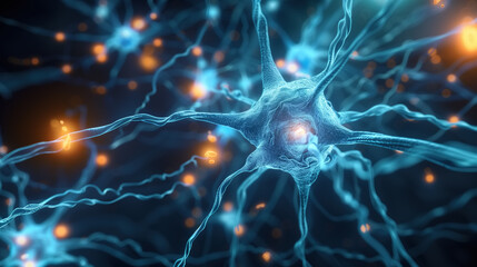 Close-up of glowing brain neurons. Neural network of the brain, neural activity. Neurology, science and research. Brain function, learning and cognition concepts.