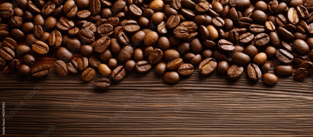 Poster coffee grains are arranged on a wooden table creating a copy space image
