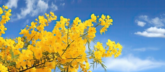 A summery image of yellow acacia flowers against a vibrant blue sky as background with an acacia tree in the scene. Copyspace image