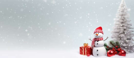 Xmas greeting card with a copy space image showcasing a Christmas snowman toy a gift box and a fir tree branch providing room for your heartfelt greetings