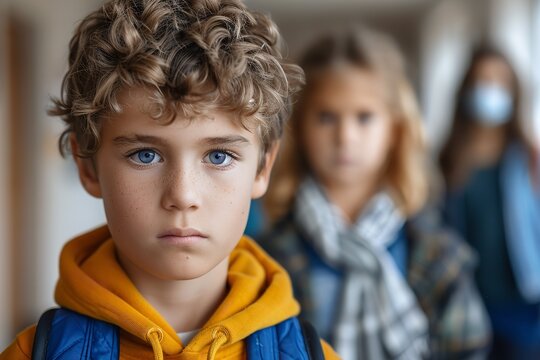 A group of diverse children standing in a school hallway with bright fluorescent lighting
