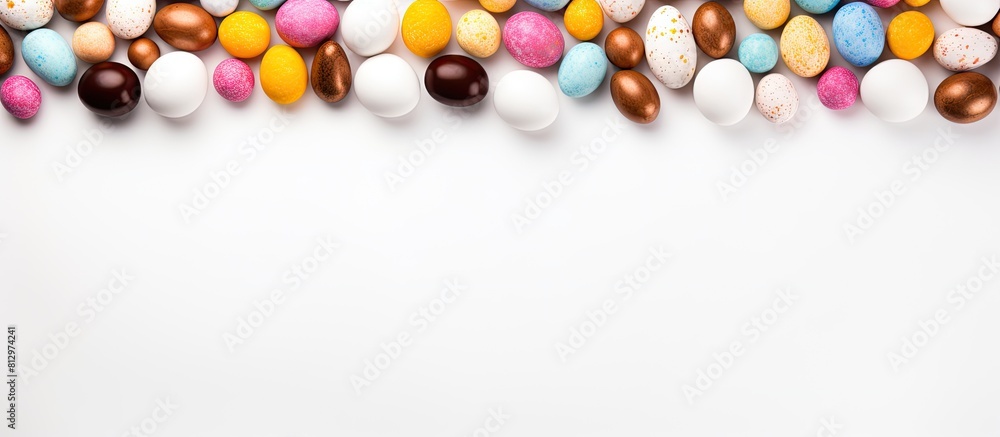 Poster a top down view of a white background with a flat lay of a festive easter frame created using vibran