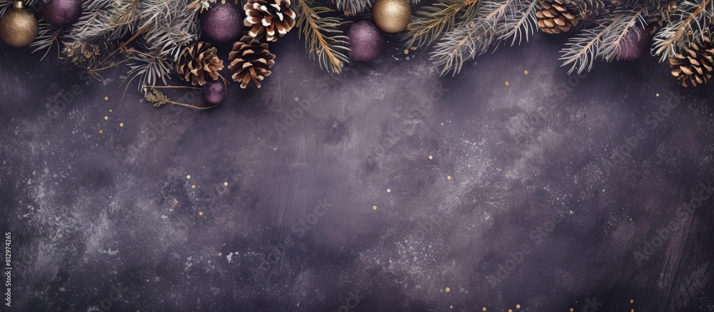 Poster a top down view of a dark lilac grunge background sets the scene for a christmas ambiance fir twigs 