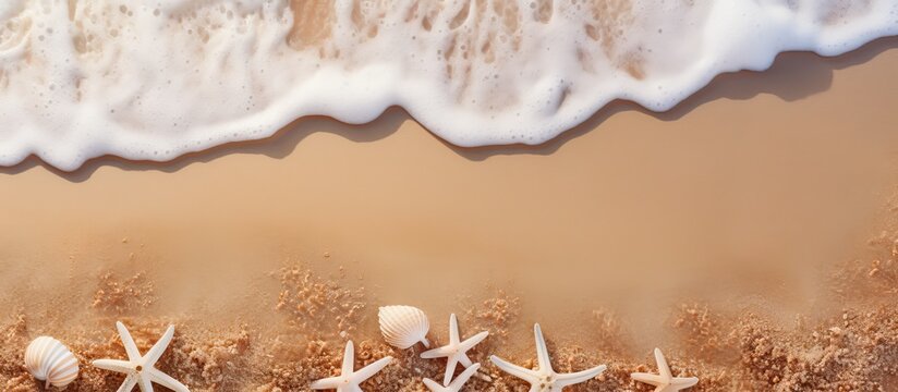 A stunning brown sand beach adorned with shells and white starfish providing the perfect backdrop for a captivating copy space image