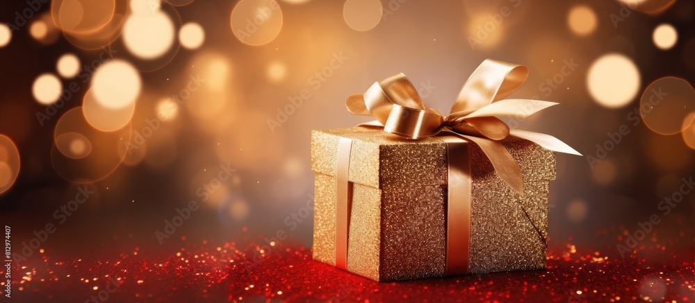 Poster bokeh blurred background with copy space image featuring a festive gift box and bell symbolizing joy