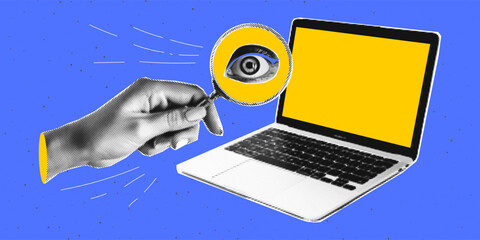 Trendy halftone collage with a laptop and a hand that holds a magnifying glass.