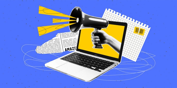 Trendy halftone collage with a laptop and a hand holding a loudspeaker. Torn newspaper, paper and scribbles on the background.