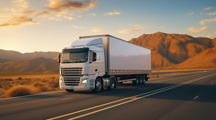 White truck driving along the highway in a mountainous landscape, at sunset. Long-distance transportation, delivery of goods, cargo, haulage.