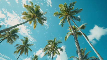 ????Looking up at the coconut palm trees against a bright blue sky????