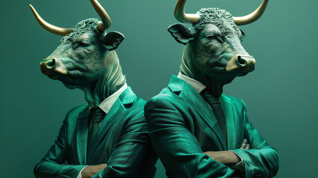 Two strong and confident bulls in business suits, standing back to back, symbolizing power, success, and prosperity in the financial markets.