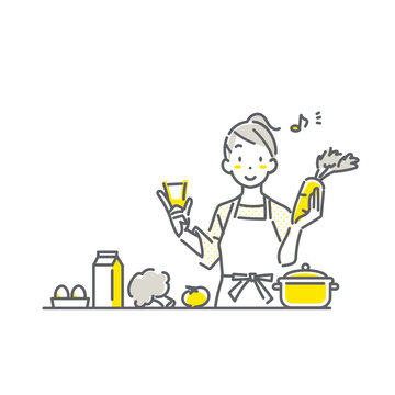 recommend clip art: 安心な食材で料理を楽しむ若い女性　シンプルでお洒落な線画