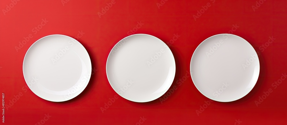 Poster there are three white plates placed on a red paper background with ample copy space for images