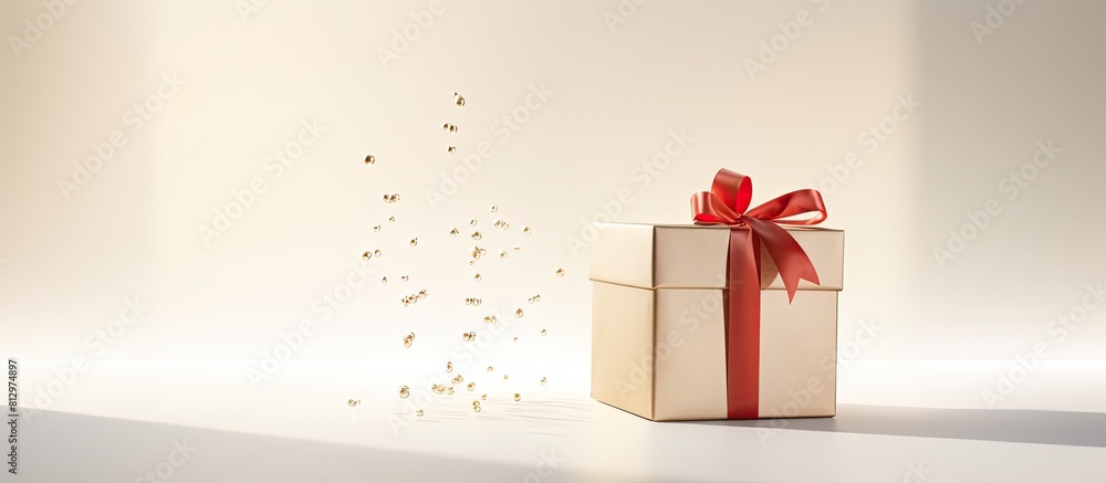 Poster a gift box adorned with a red ribbon is floating in the air against a white backdrop casting a shado
