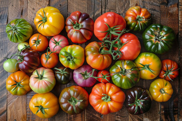 Overhead view of assorted heirloom tomatoes on a rustic wooden table, rich color variety 