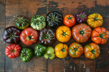 Overhead view of assorted heirloom tomatoes on a rustic wooden table, rich color variety 