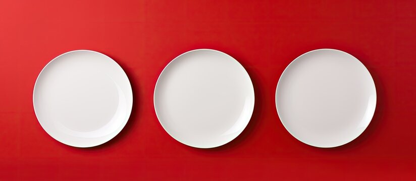 There are three white plates placed on a red paper background with ample copy space for images