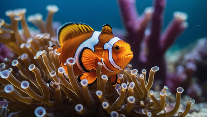 Vibrant Underwater Scene, Close-Up of Colorful Clownfish Among Sea Anemone Tentacles