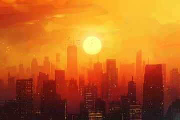 Fototapeta premium Warm sunset hues over an urban skyline with flying birds, creating a tranquil scene