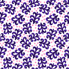 Seamless pattern in retro style with purple abstract flowers on a white background.