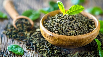 used or brewed dried green tea leaves, to be used as natural organic fertilizer, increase nutrient levels and improve soil quality, closeup view
