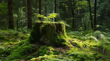Fototapeta premium New life begins from the stump of an old tree stump covered with moss in the middle of a dense green forest