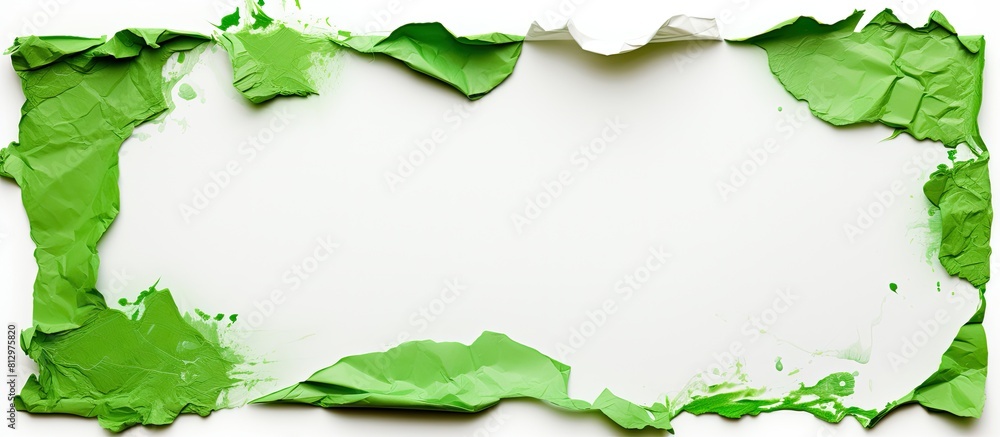 Aufkleber a green piece of torn paper is seen on a blank white background providing empty space for additional