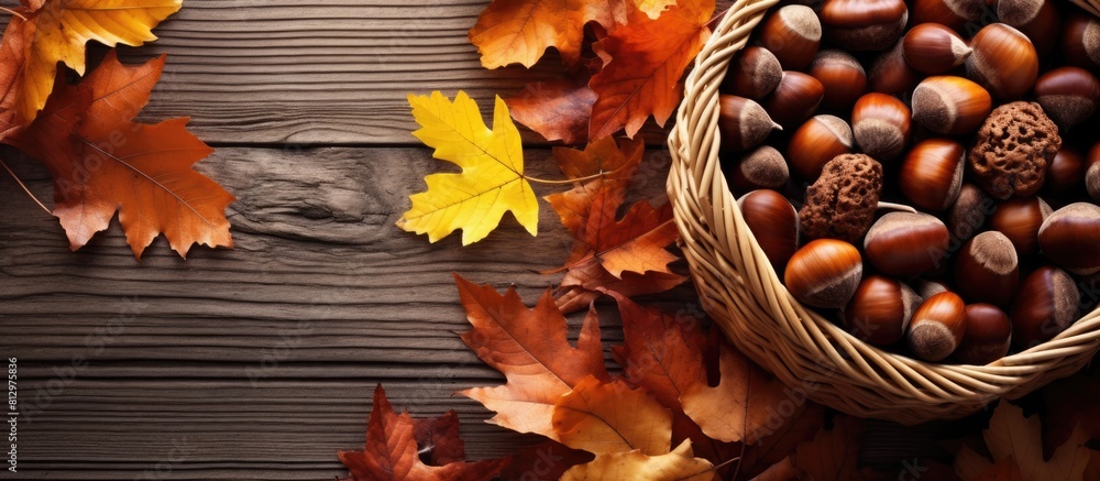 Poster a copy space image of a wicker basket filled with chestnuts is seen from an elevated viewpoint this 