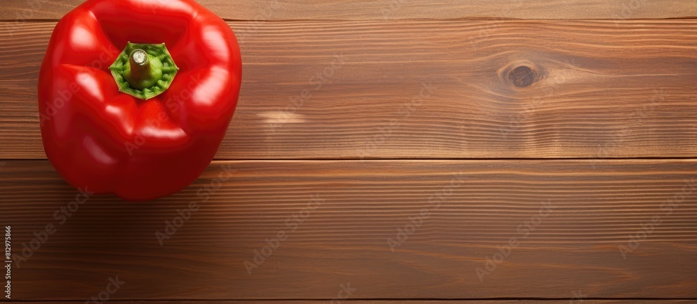 Poster a top down view of a red bell pepper placed on a wooden table offering ample space for text or other