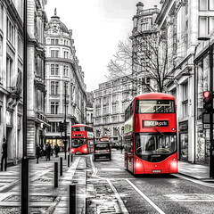 Two red double decker buses are parked on a city street. The street is lined with buildings and cars