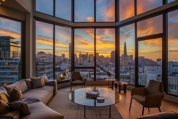 Fototapeta premium Elegant interior design of a spacious living room overlooking a vibrant sunset over the city skyline