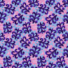 Seamless pattern in retro style with purple abstract flowers on a blue background.
