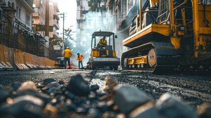 Process of asphalting, blacktopping and paving, asphalt paver machine and steam roller compactor during construction and repairing works, workers on the construction site, rental vehicle working
