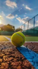 A tennis ball is sitting on the ground in front of a tennis court