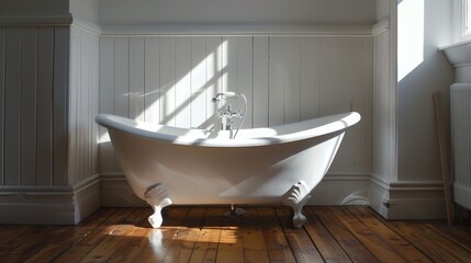 A white bathtub with a wooden floor and a window in the background